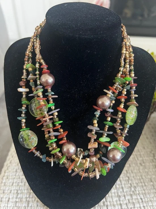 Beaded Multi-Strand Green & Brown Statement Necklace - Picture 2 of 2